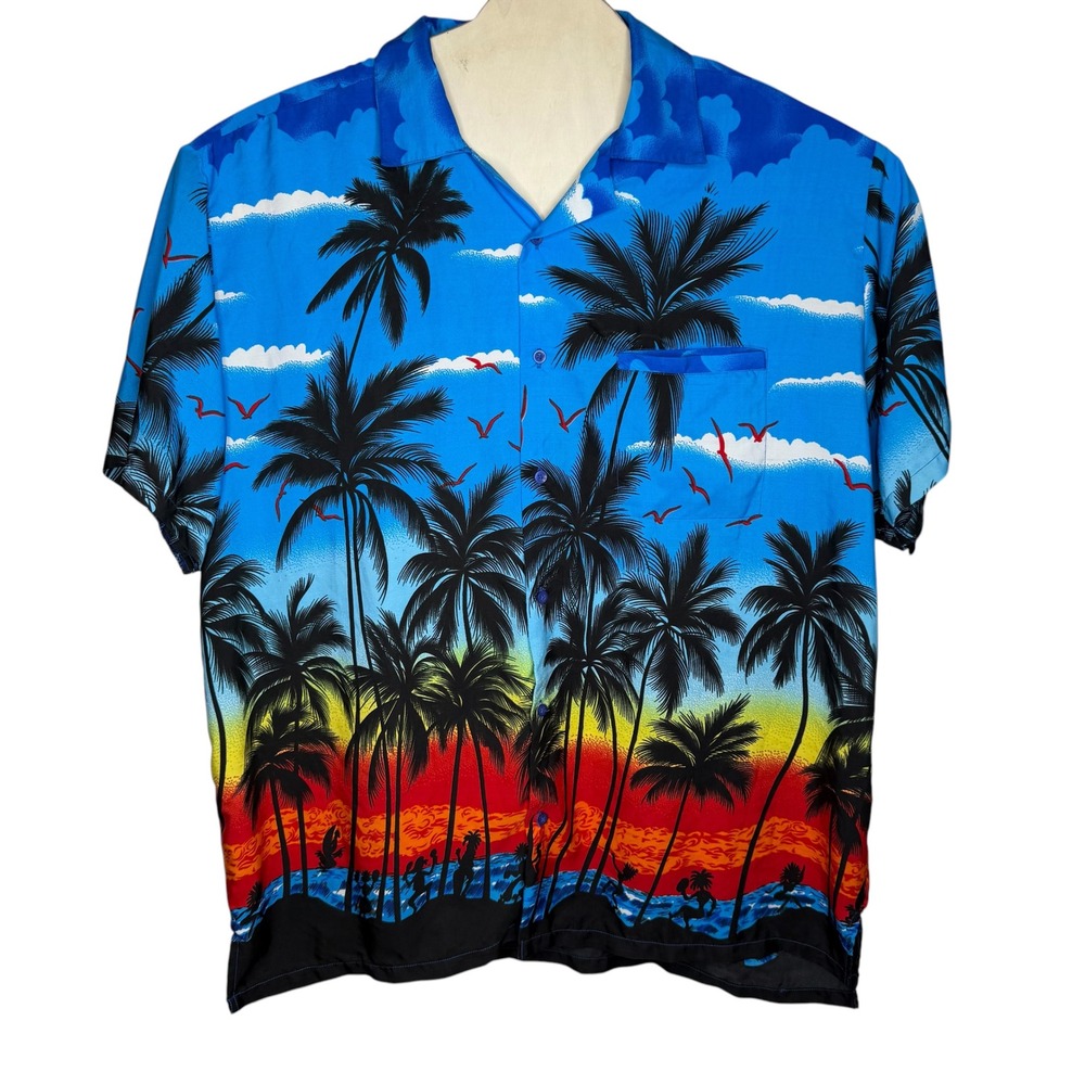 V.H.O Mens XXXL Tropical Sunset Palm Tree Hawaiian Short Sleeve Button‎ Up Shirt